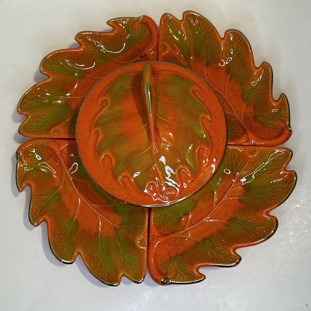Vintage California Snack Serving Set Tray Bowl Leaf Orange Centerpiece CALIF 800